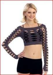 Crop Fishnet Long Sleeve Cheer Top (Color: Royal)